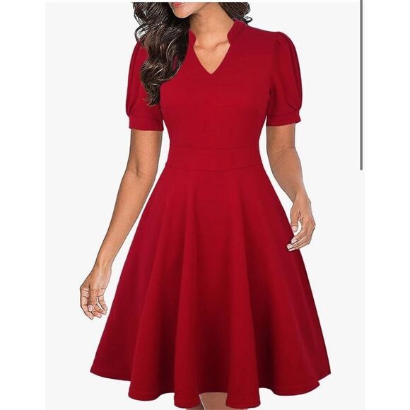 NEW Red Puff Sleeve Fit & Flare Career Dress Pockets S - Picture 1 of 6